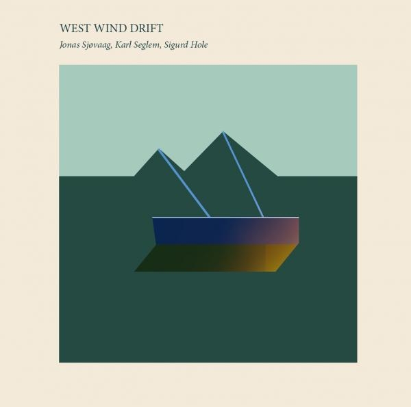 A graphical creation by Jonas Sjøvaag, depicting a stylized sea, with mountains behind. Front cover for West Wind Drift.