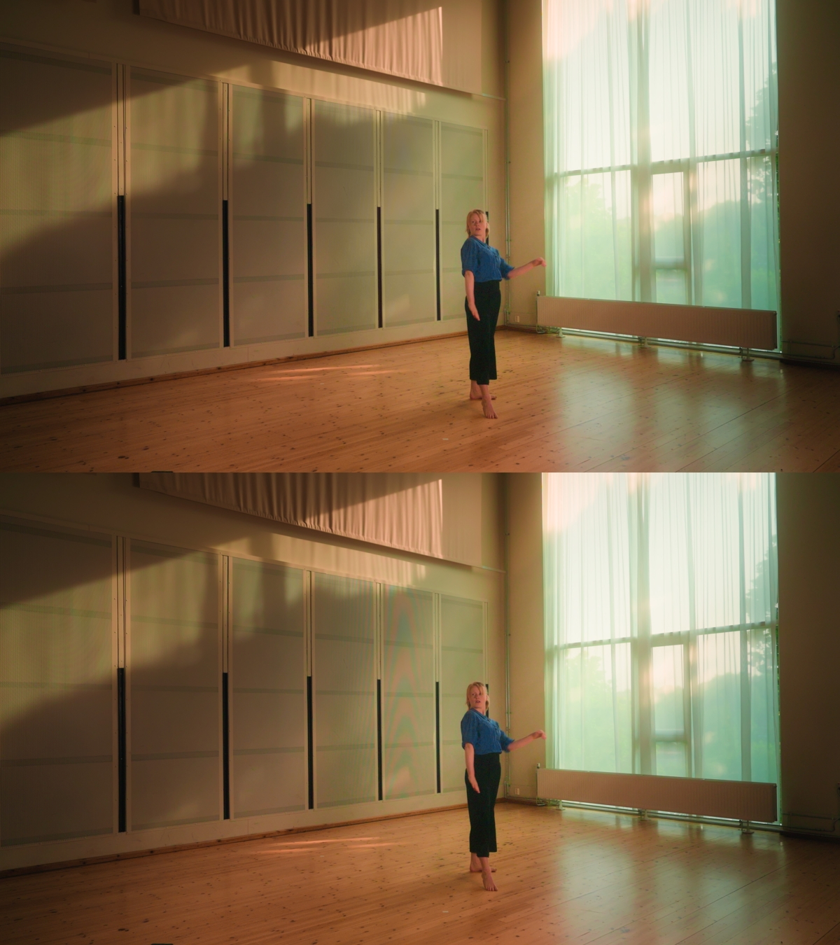 Spot the difference: a still from a video, top image is original, the bottom image is the edited one. The difference is moire that has been removed in V2