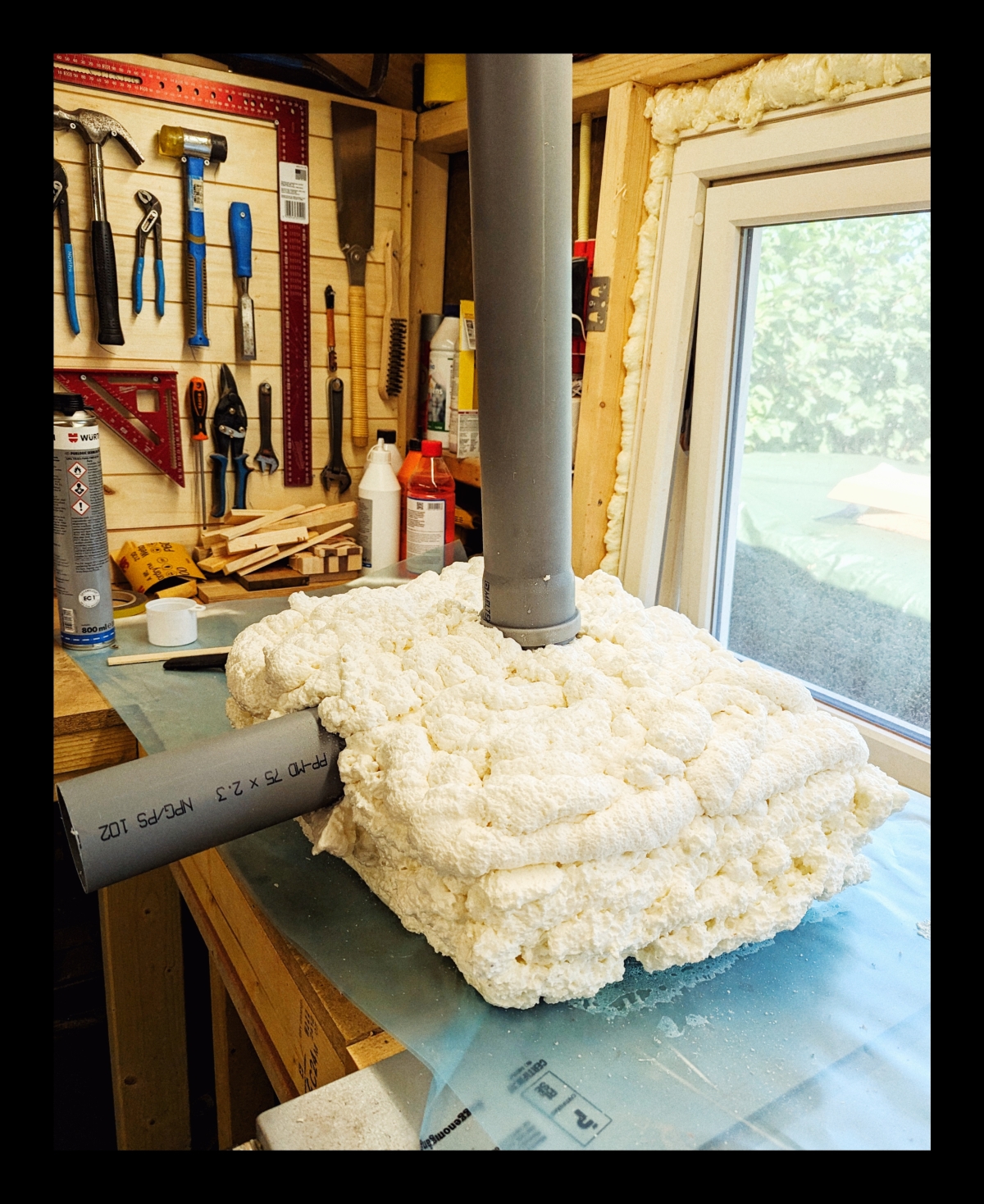 So, next up is the base unit. This will hold the display, and make it an installation. I initially wanted to build a box using valchro, but with the burn of that "TV from the 60s" fresh in memory, I decided on something more alien. Enter construction foam... the pipes are standard drain pipes.